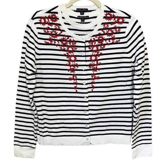 Brooks Brothers Beaded Cardigan Sweater Twinset Size L White Navy Stripe 2 Piece - Picture 1 of 10